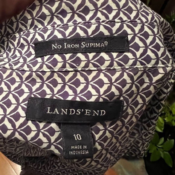 Lands End Women's Sz 10 Button Down Long Sleeve Blouse White/Brown - Picture 4 of 5